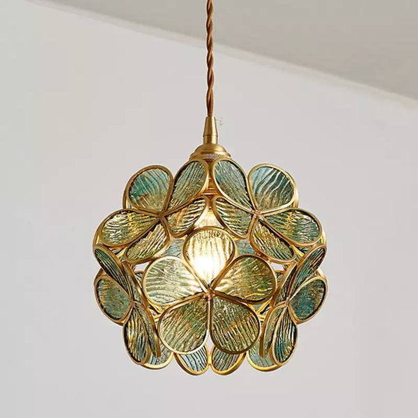 Virelo | Glass Pendant Light – Flower Shade, Vintage Brass Frame 1