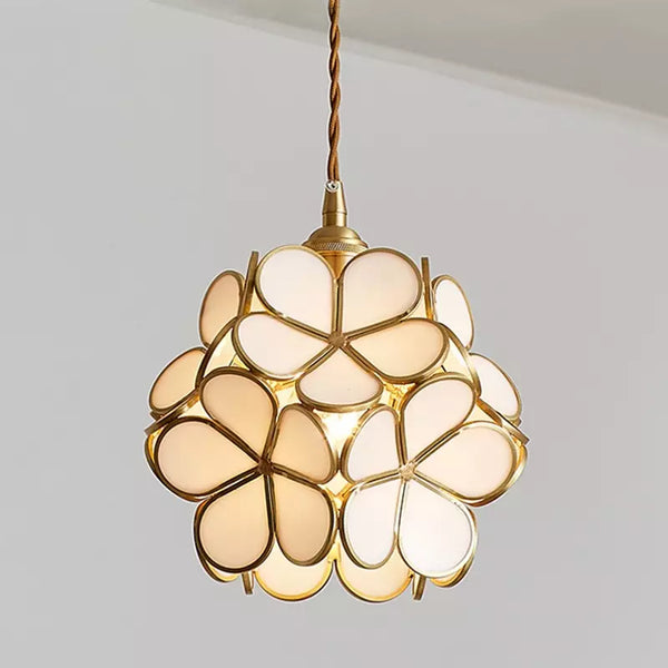 Virelo | Glass Pendant Light – Flower Shade, Vintage Brass Frame 10