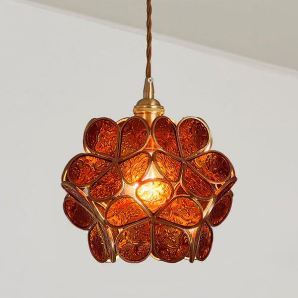 Virelo | Glass Pendant Light – Flower Shade, Vintage Brass Frame 11