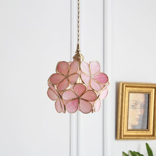 Virelo | Glass Pendant Light – Flower Shade, Vintage Brass Frame 12