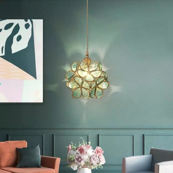 Virelo | Glass Pendant Light – Flower Shade, Vintage Brass Frame 2