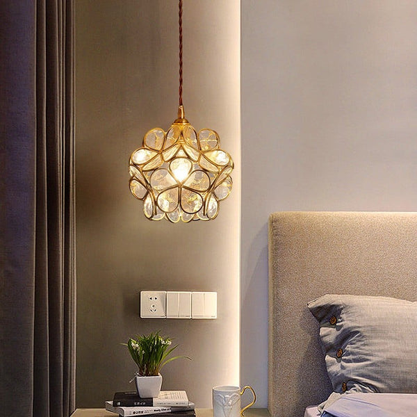 Virelo | Glass Pendant Light – Flower Shade, Vintage Brass Frame 3