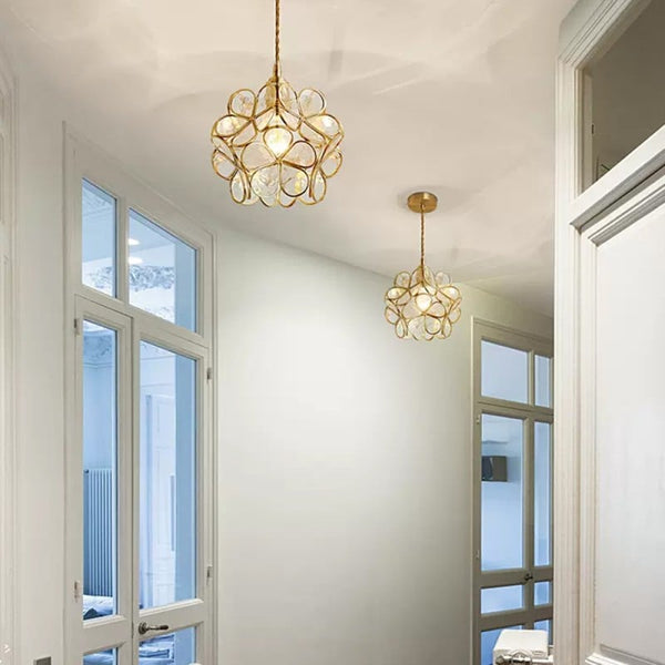 Virelo | Glass Pendant Light – Flower Shade, Vintage Brass Frame 4