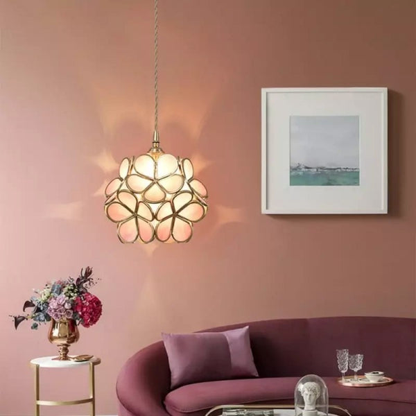 Virelo | Glass Pendant Light – Flower Shade, Vintage Brass Frame 5