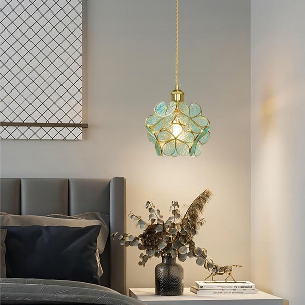 Virelo | Glass Pendant Light – Flower Shade, Vintage Brass Frame 6