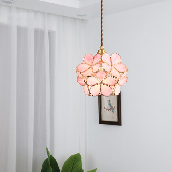 Virelo | Glass Pendant Light – Flower Shade, Vintage Brass Frame 7