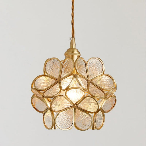 Virelo | Glass Pendant Light – Flower Shade, Vintage Brass Frame 9