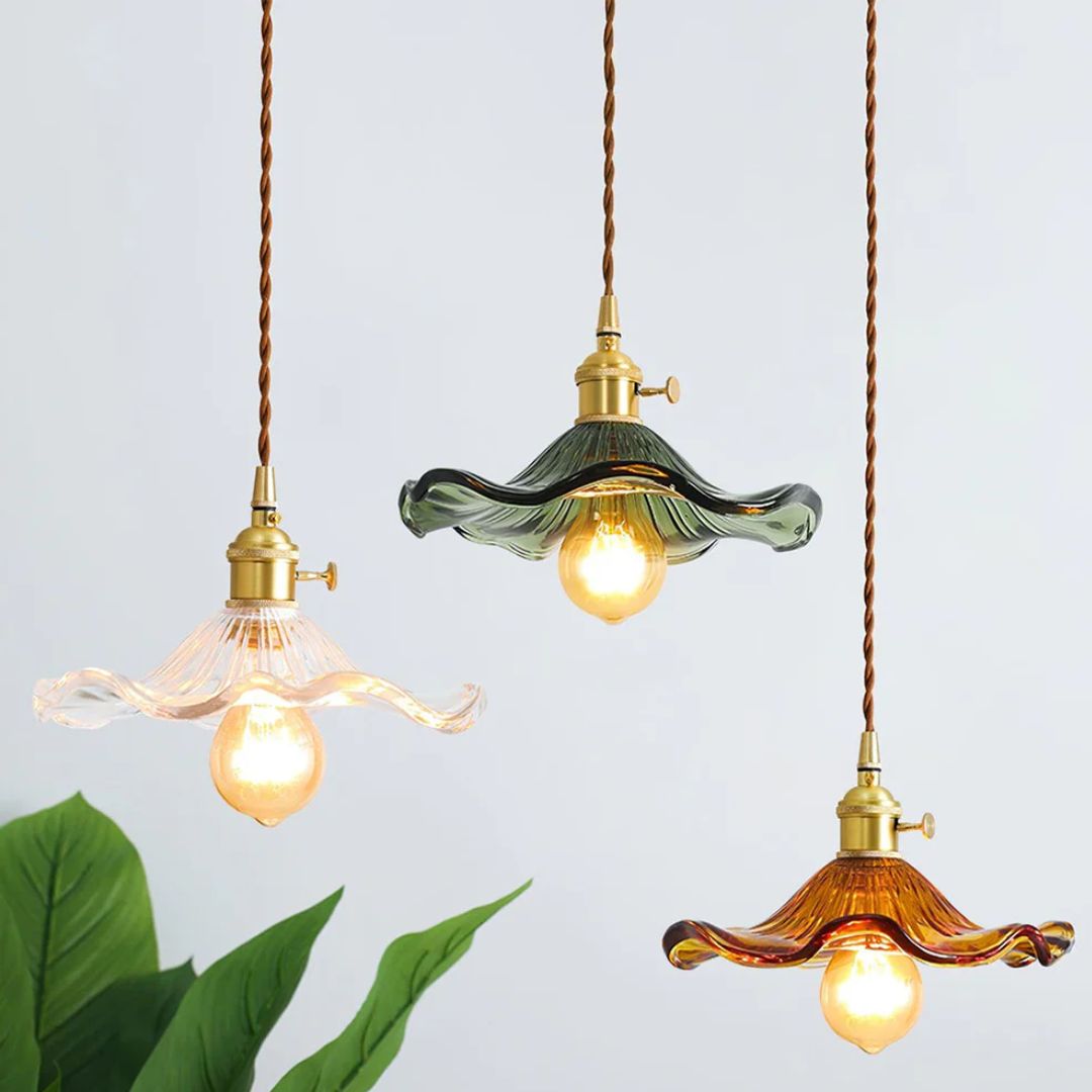 Zelari | Glass Pendant Light – Flower Shade, Brass Fixture 2