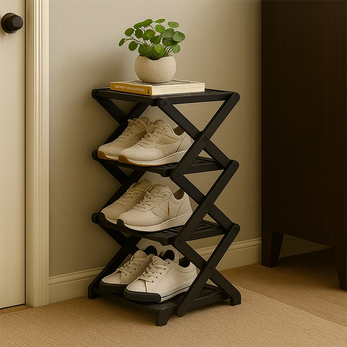 Tiered Bamboo Folding Shoe & Storage Rack – Narrow Entryway Organizer