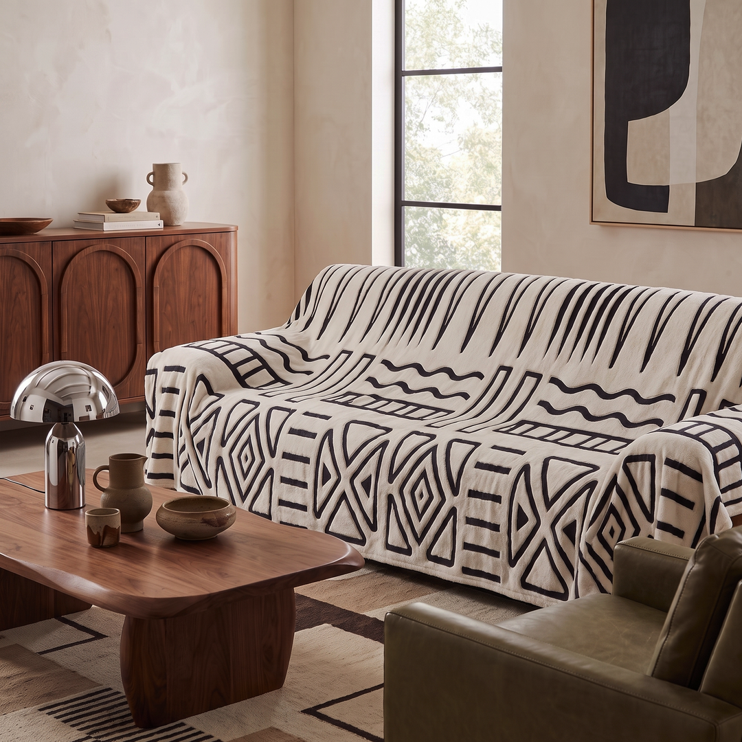 Noma | Fleece Sofa Throw Cover with Oversized Abstract Geometric Pattern