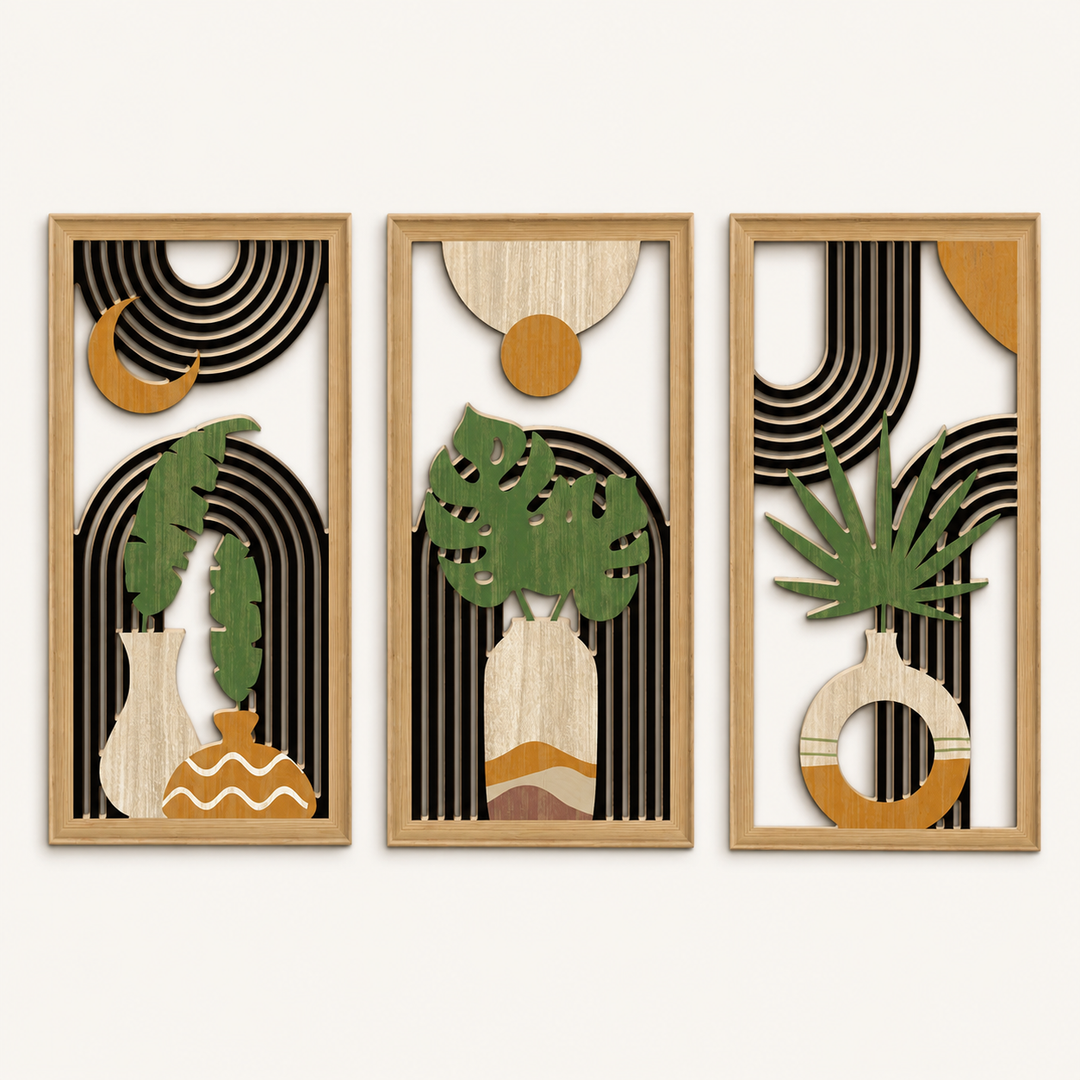 Aven | Boho Wood Wall Art Set with Framed Abstract Cutout Panels