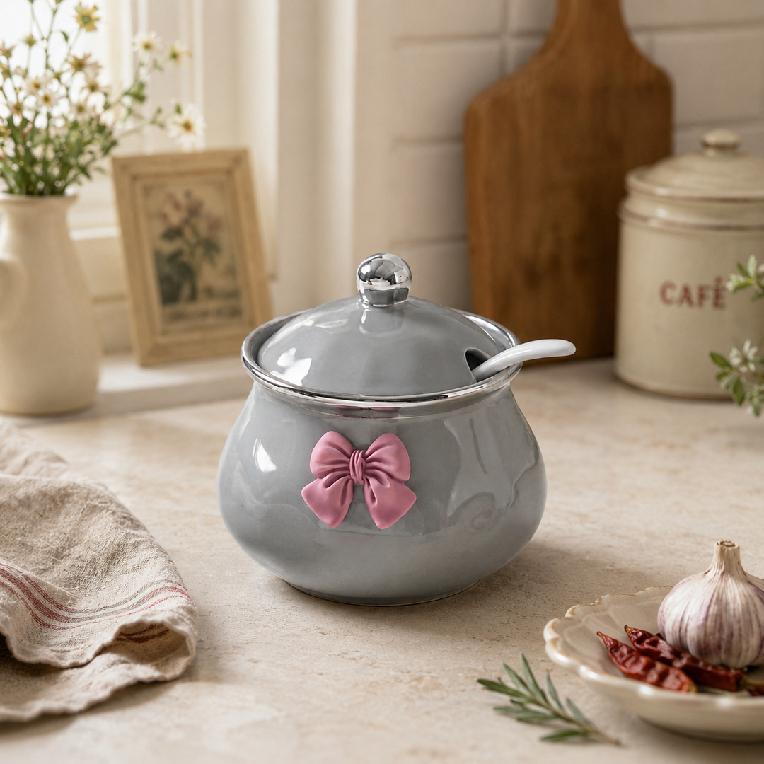 Bowlet Ceramic Seasoning Jar with Bow Accent, Lid and Spoon