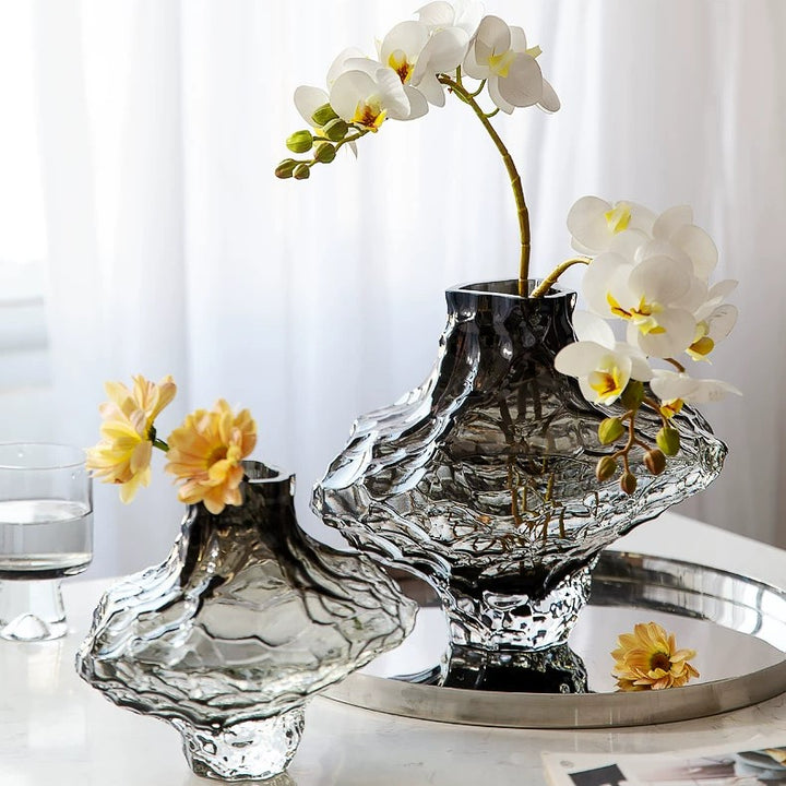 Cavetto Sculpted Glass Vase - Decorative Centerpiece