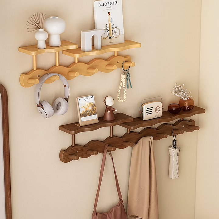 Ripple Bamboo Entryway Wall Rack – Coat, Bag & Key Hooks with Shelf