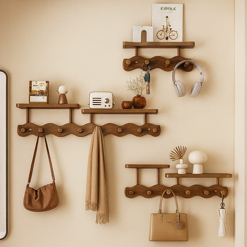 Ripple Bamboo Entryway Wall Rack – Coat, Bag & Key Hooks with Shelf