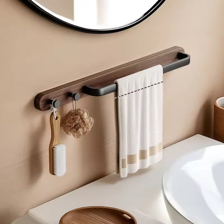 Leno Wooden Towel Rail with Hooks – Modern Utility Bathroom Bar