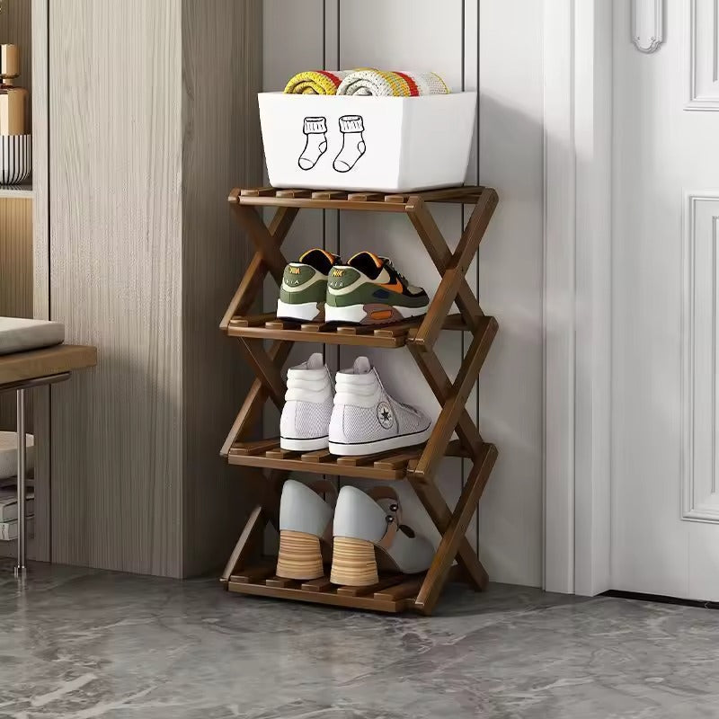 Tiered Bamboo Folding Shoe & Storage Rack – Narrow Entryway Organizer