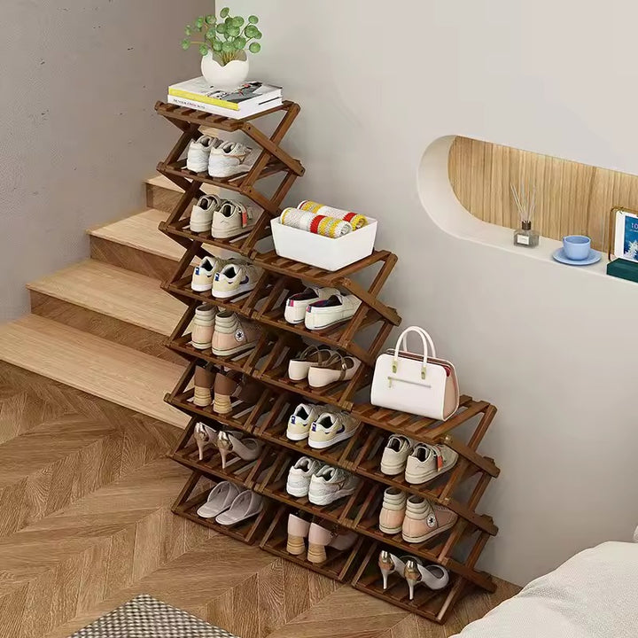 Tiered Bamboo Folding Shoe & Storage Rack – Narrow Entryway Organizer