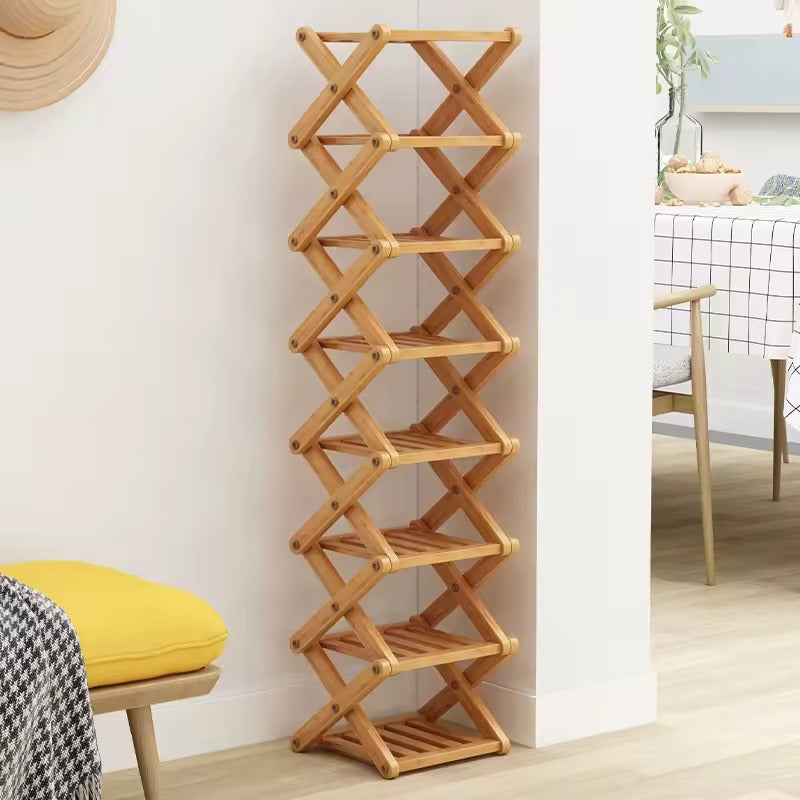 Tiered Bamboo Folding Shoe & Storage Rack – Narrow Entryway Organizer