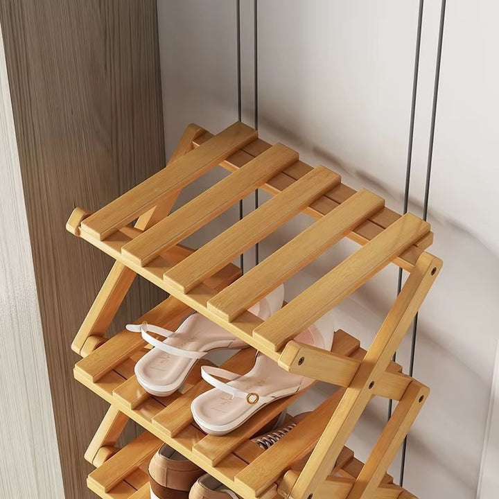 Tiered Bamboo Folding Shoe & Storage Rack – Narrow Entryway Organizer