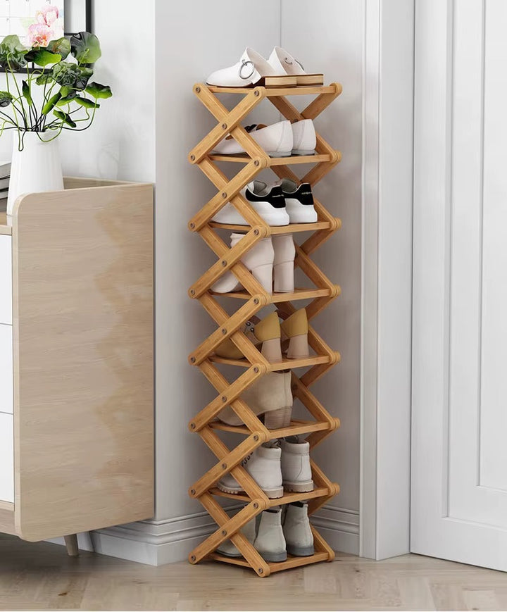 Tiered Bamboo Folding Shoe & Storage Rack – Narrow Entryway Organizer