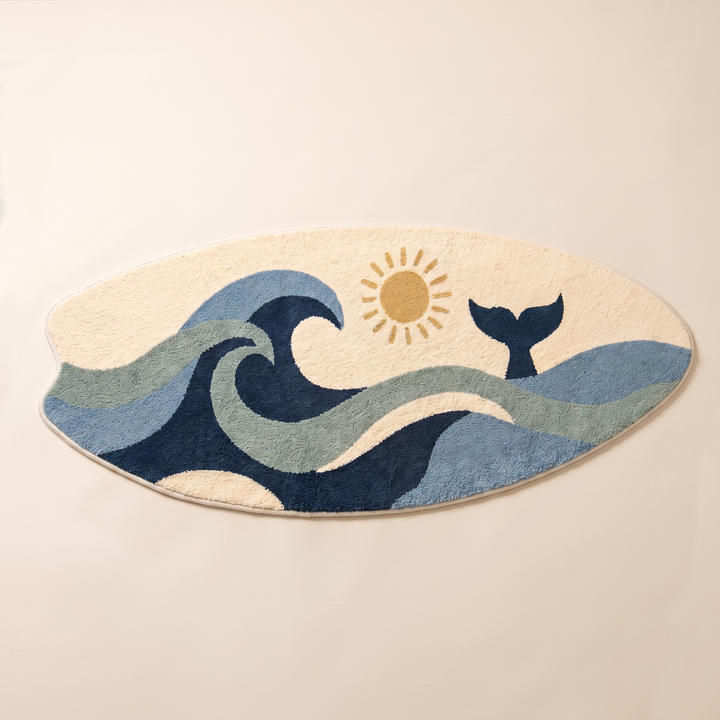 Nami | Coastal Surfboard Shaped Floor Rug with Whale and Wave Artwork