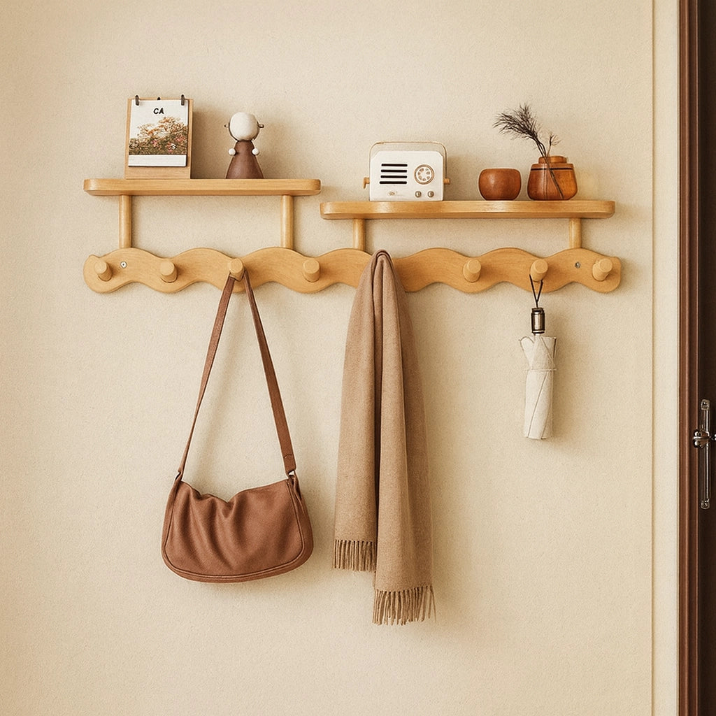 Ripple Bamboo Entryway Wall Rack – Coat, Bag & Key Hooks with Shelf