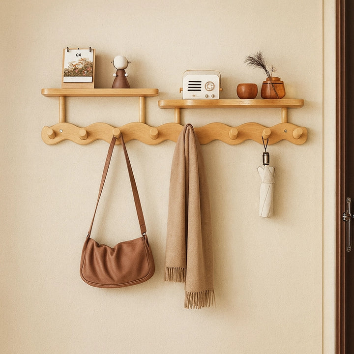 Ripple Bamboo Entryway Wall Rack – Coat, Bag & Key Hooks with Shelf