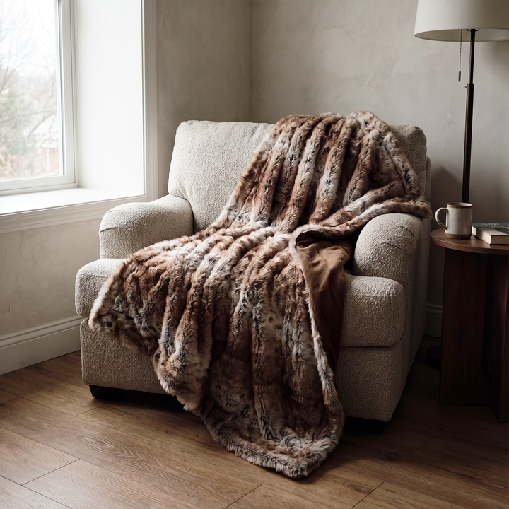 Bramble | Faux Fur Throw Blanket, Plush Brown Winter Blanket for Sofa & Bed