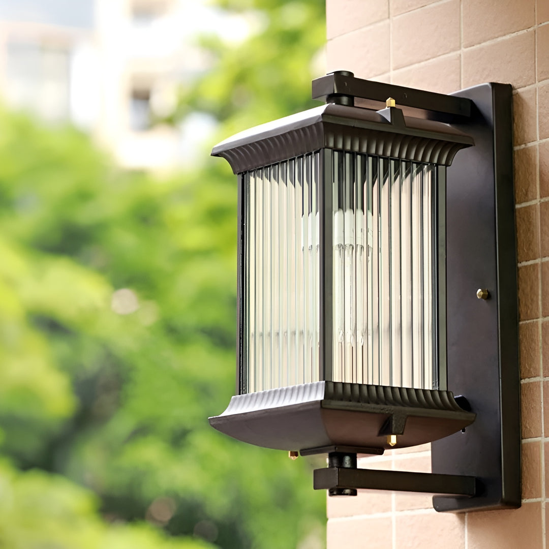 Torin | Fluted Glass Outdoor Wall Lantern with Coffee Brown Aluminum Frame – Weatherproof